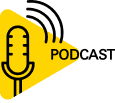 Yellow play button with a microphone icon on the left and the word "POD" on the right, symbolizing a podcast.