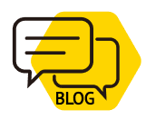 Yellow hexagon with two overlapping speech bubbles and the word "BLOG" in black text below.