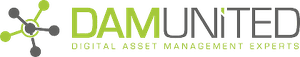 Logo for DAM United with text "Digital Asset Management Experts" and interconnected nodes forming a molecule-like design.